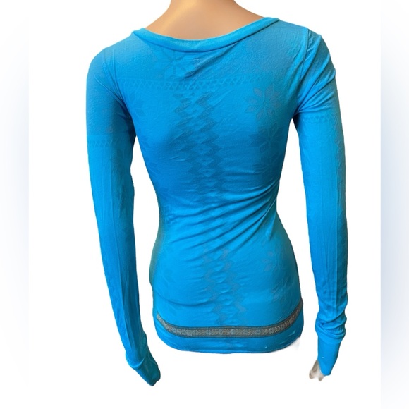 Free People Blue Hippie Boho Southwestern Aztec Floral Long Sleeve Stretch Shirt - Picture 6 of 9